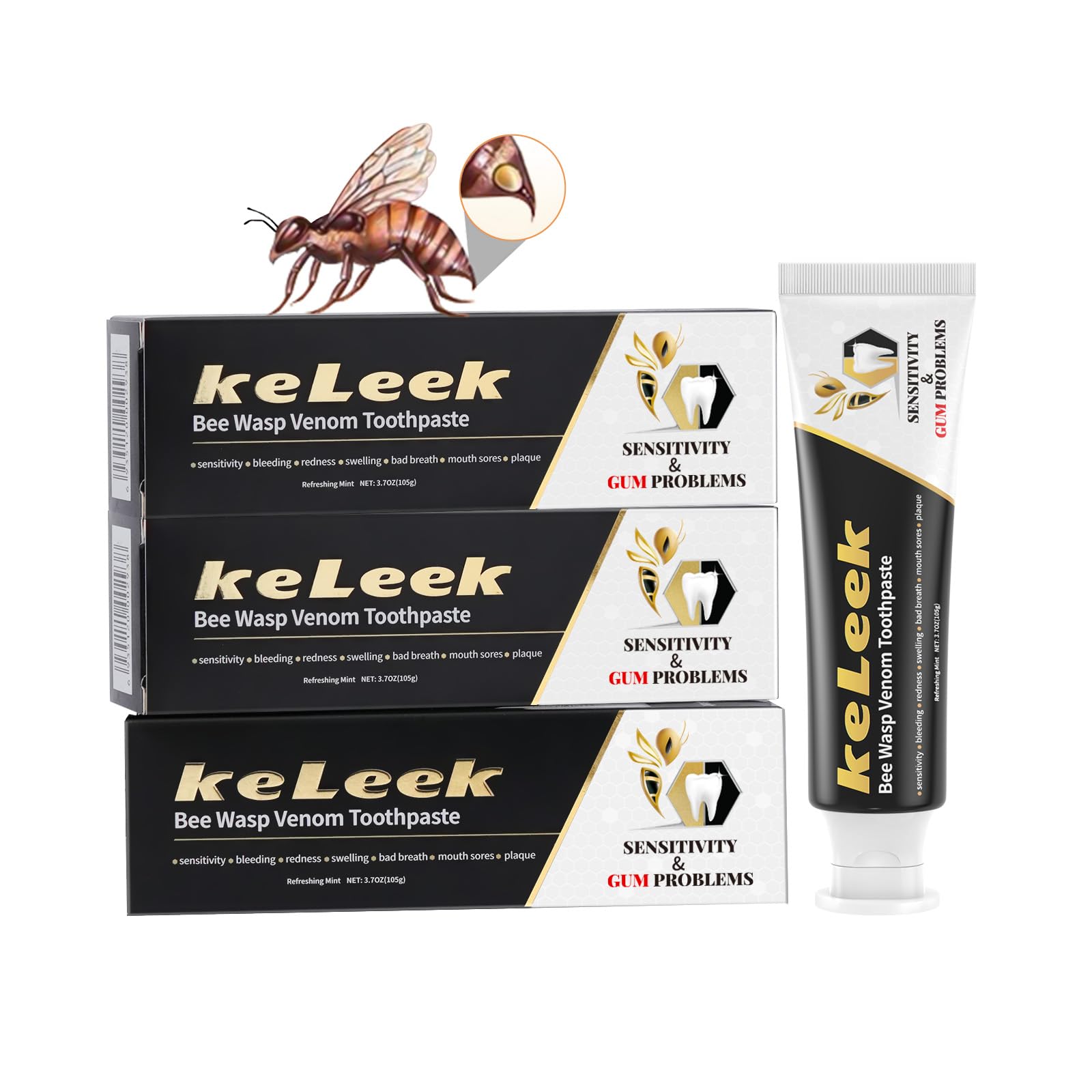KeLeek 3PCS Bee Wasp Venom Toothpaste for Bleeding Gums,Gingivitis Treatment Repair,Sensitive Teeth,Mouth Sores,Plaque,Bad Breath (Fluoride Free)-150