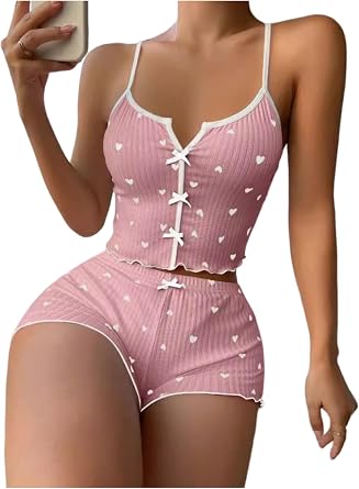 ZEZCLO Womens Pajama Sets 2 Piece Sleeveless Nightwear Heart Print Cami Sleepwear Set with Elastic Shorts