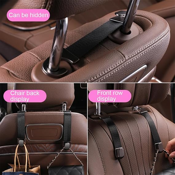 Car Headrest Hooks, 2PCS Vehicle Back Seat Storage Organizer Hanging Holder for Purse Bags Grocery, Adjustable Automotive Interior Hanger Accessories, Universal Fit (Black)