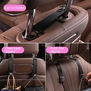 Car Headrest Hooks, 2PCS Vehicle Back Seat Storage Organizer Hanging Holder for Purse Bags Grocery, Adjustable Automotive Interior Hanger Accessories, Universal Fit (Black)