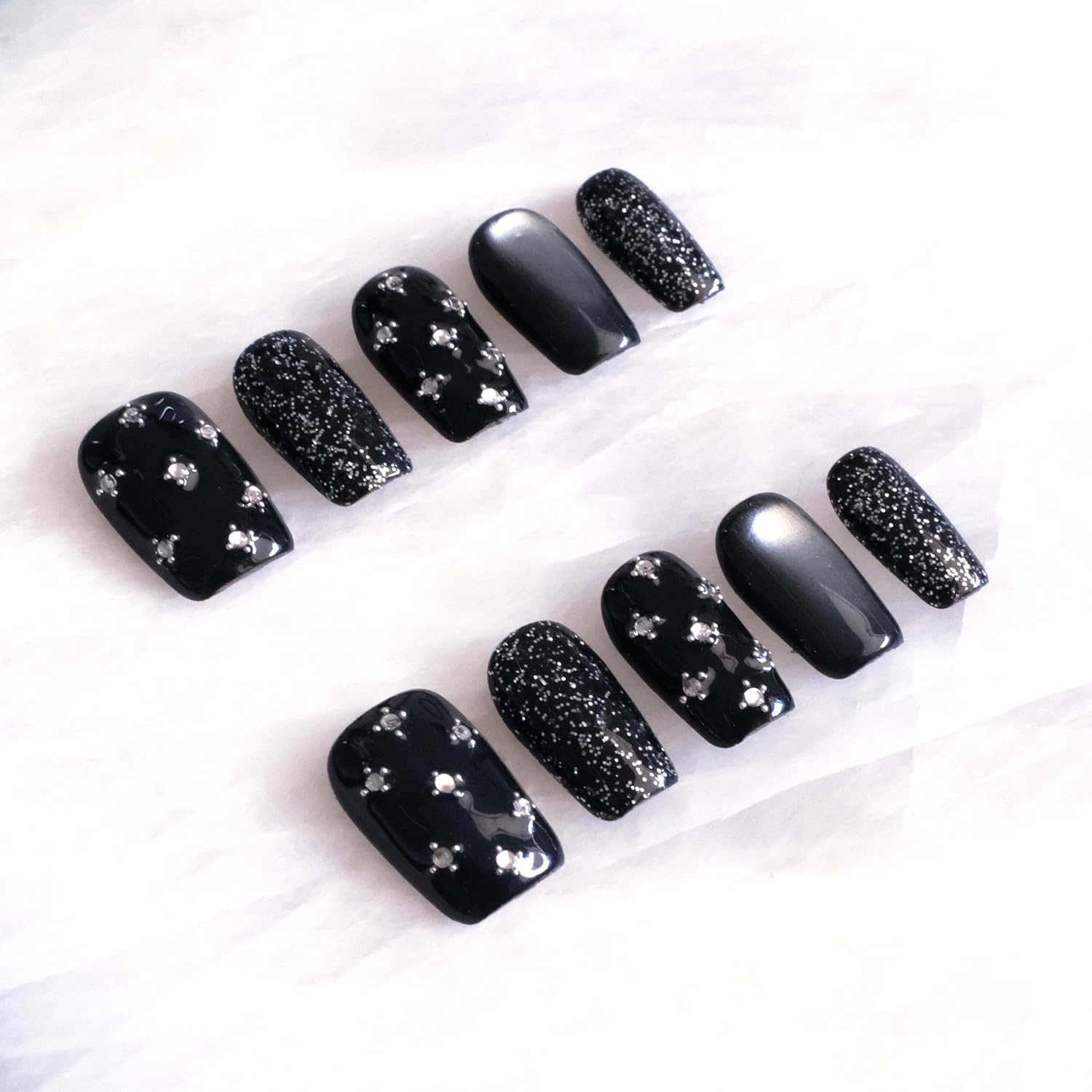 BlackStar - Handmade Press on Nails, Black Starry Sky with Cat Eye, Rhinestone Bling, Medium Ballerina Shape, 10 Pieces (Medium Size, MB)