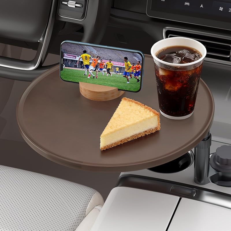 Mesa Bandeja para Carro com Rotação de 360°, Porta-Celular e Suporte para Notebook AXVLU, Madeira Marrom-Escuro