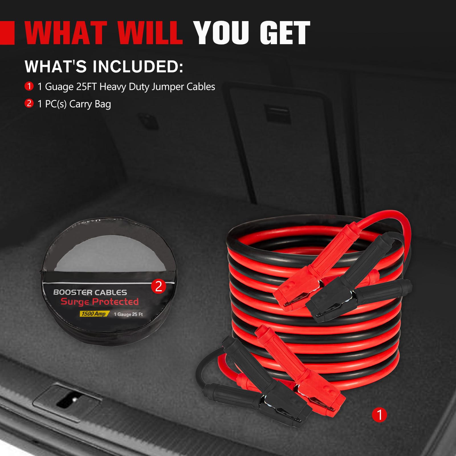FIERYRED Câbles de démarrage à connexion rapide de calibre 1 7,6 m, câbles de démarrage robustes 1000 A avec sac de voyage, câble de démarrage de batterie pour camion, camions diesel, SUV et voiture