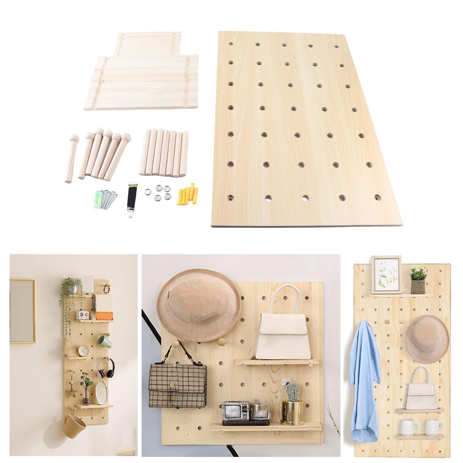 Drewniana Tablica Pegboard, Organizer ścienny z Drewna Bukowego 40x60 Cm, Konfigurowalny i Oszczędzający Miejsce Panel do Przechowywania z łatwym Montażem Akcesoria do łazienki w Domowym