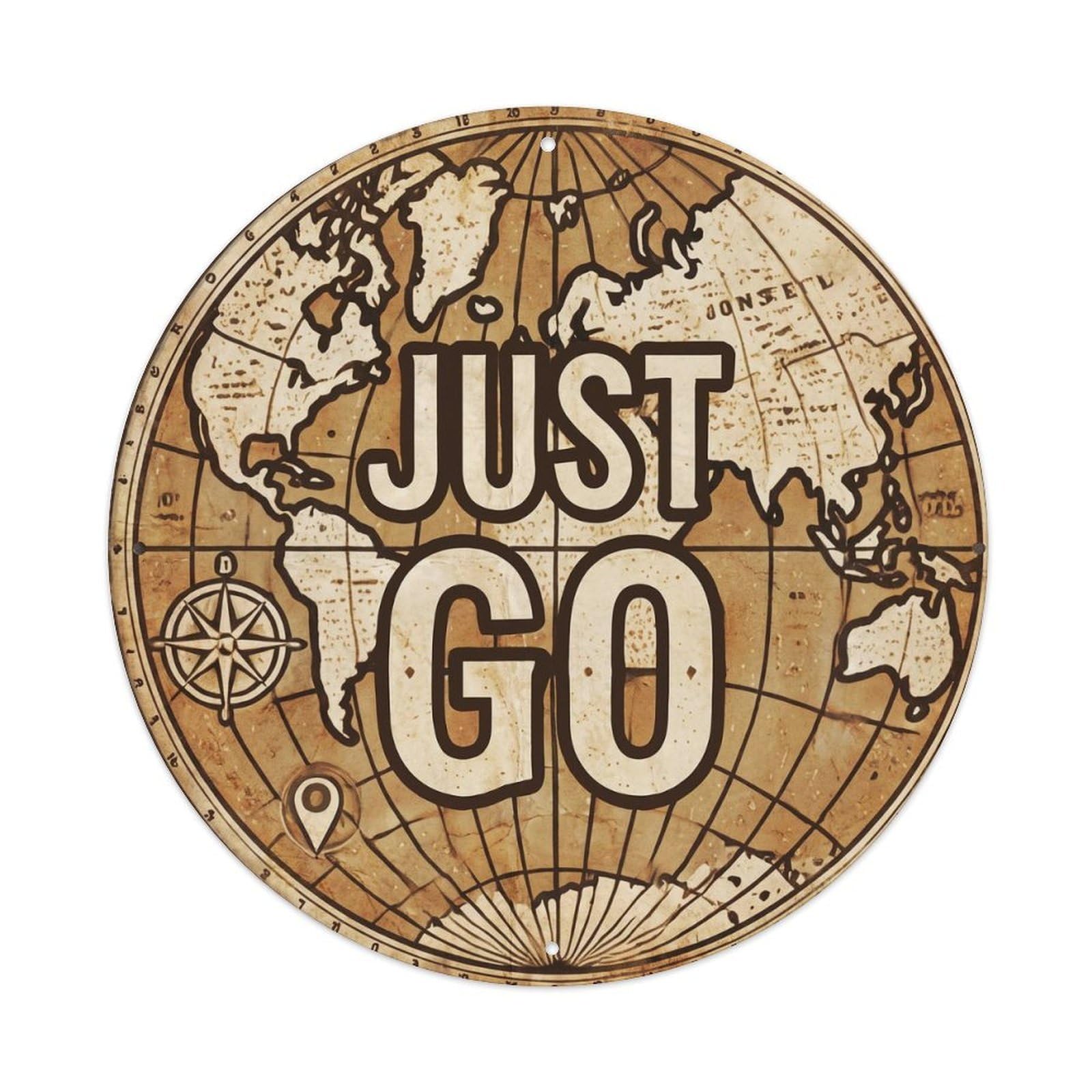 Vintage World Map with Compass Just Go Vintage Map Metal Tin Sign