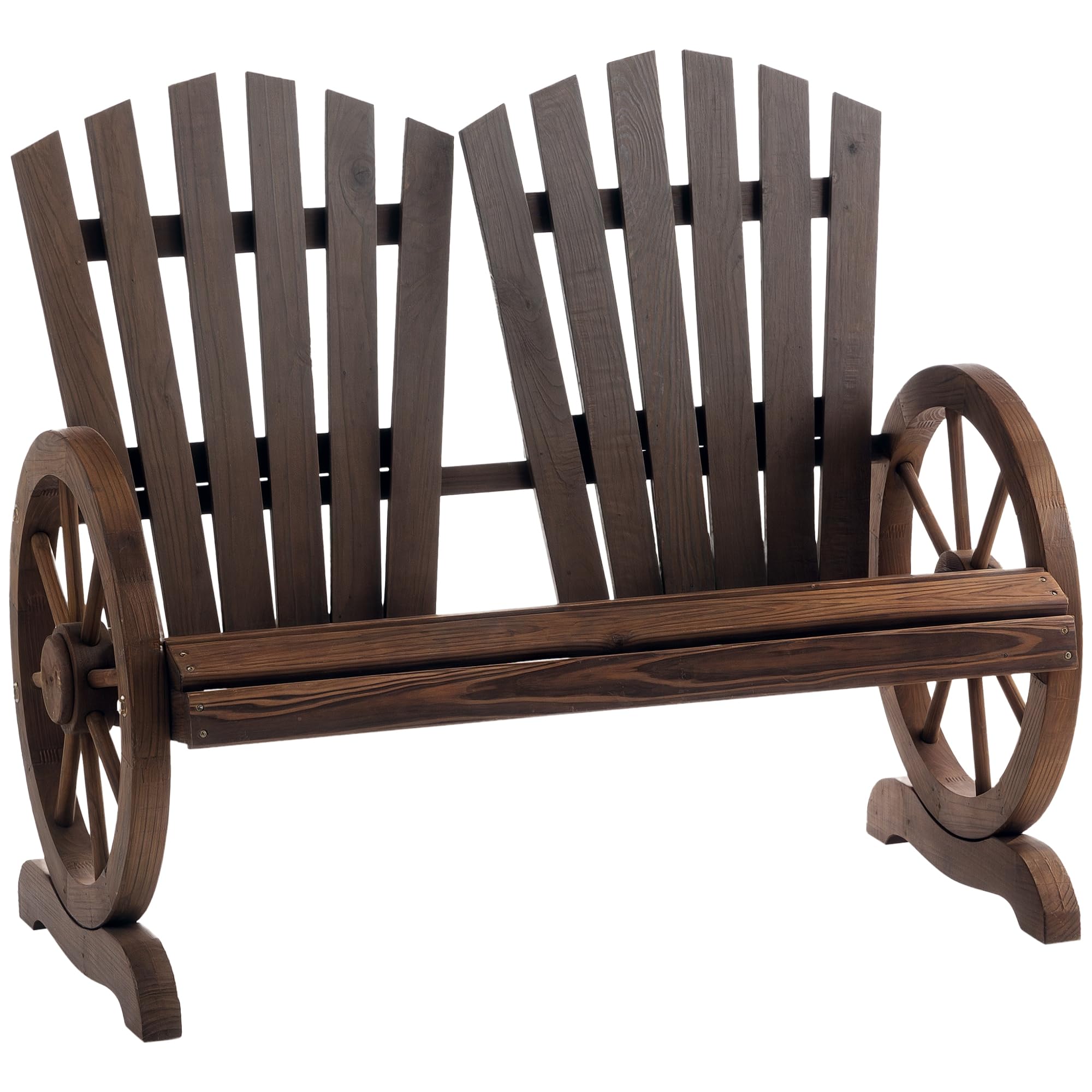 Outsunny 2 Seater Adirondack Garden Bench, Comfortable Fir Wood Outdoor Patio Bench with Wagon Wheel-Shaped Armrests, Wooden Loveseat, Carbonized Colour