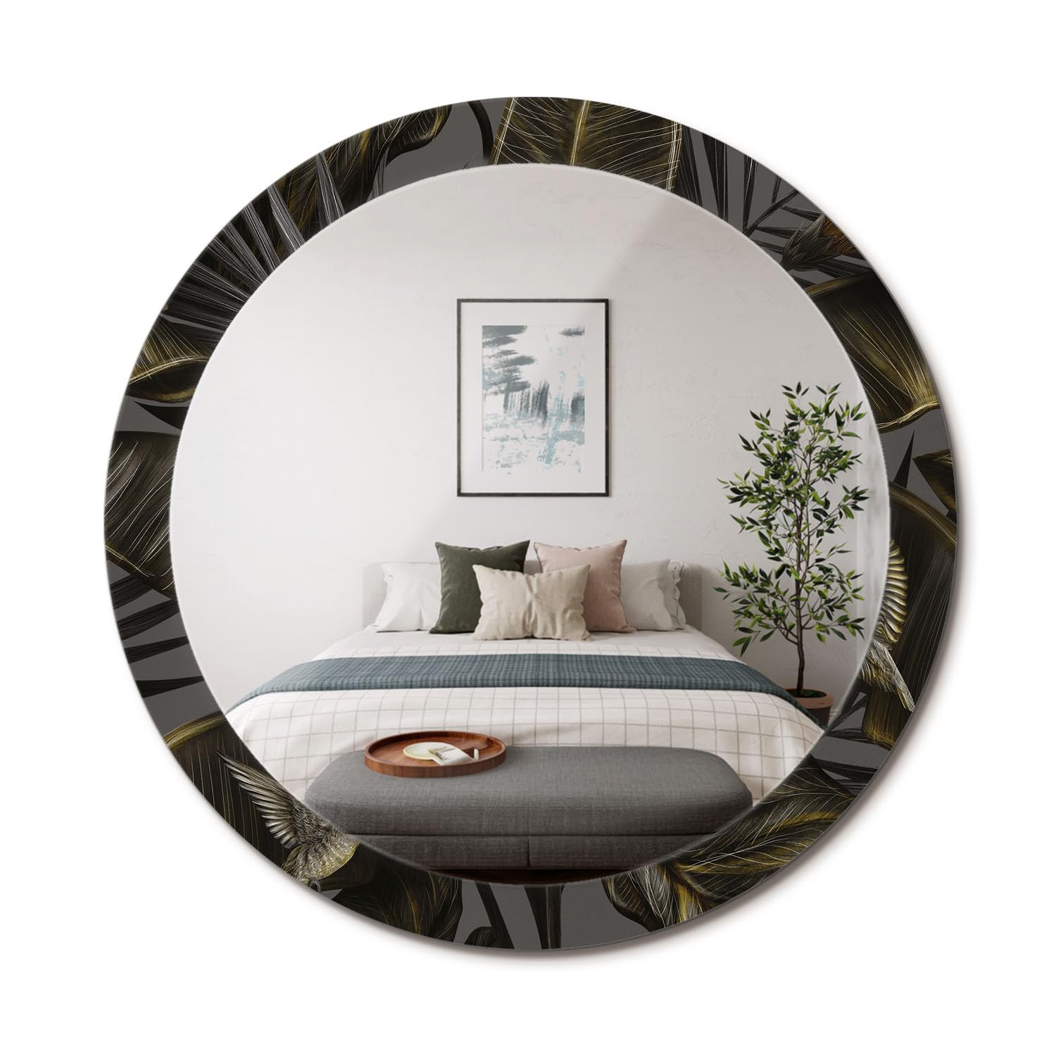 Miroir mural rond fi90 avec impression fleurs d'hibiscus pour décoration salon
