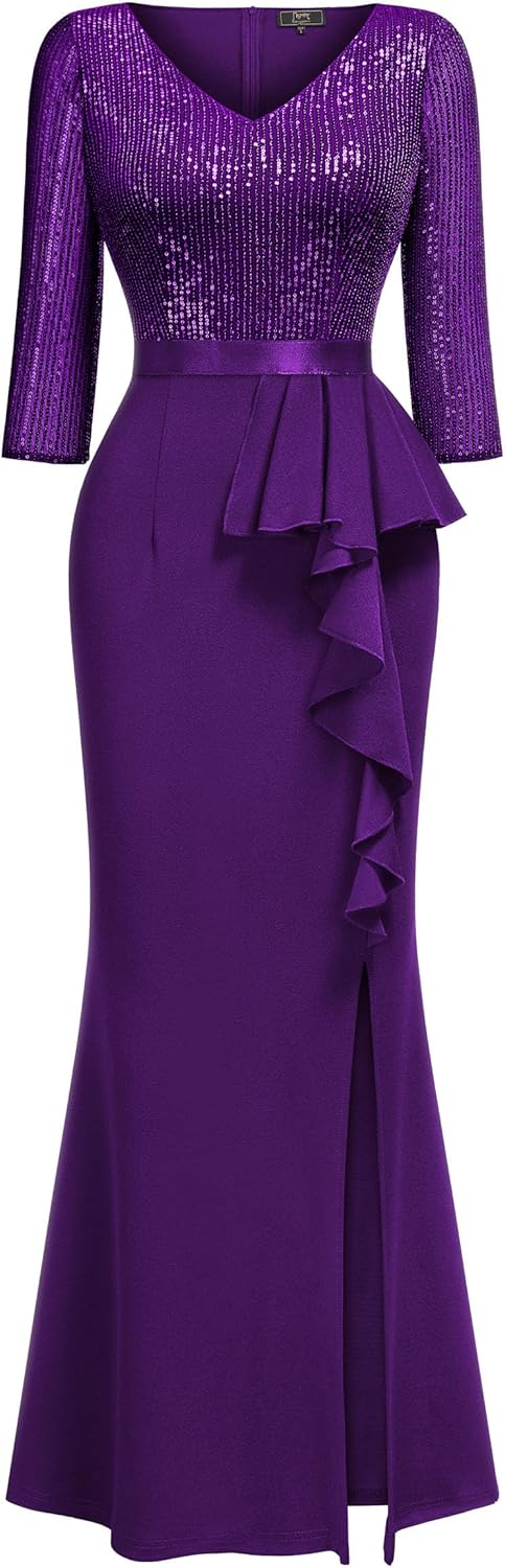 MISSMAY Women's Elegant Sequin V-Neck Evening Party Mermaid Long Dress - Image 3