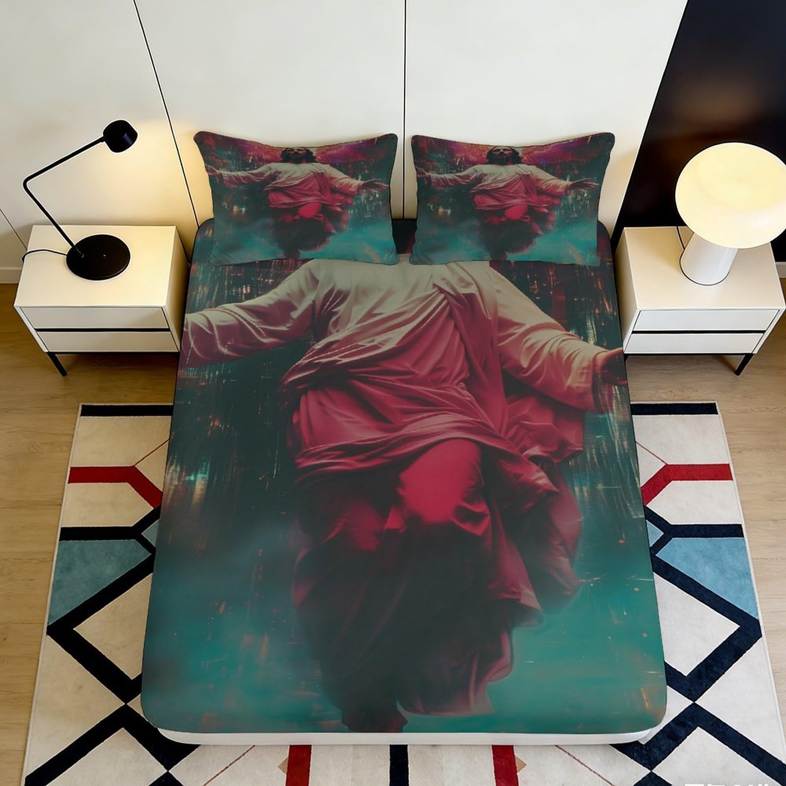 3D Printed Red Jesus Figure Fitted Sheet Microfiber Soft Breathable Spiritual Bed Cover for Bedroom Dormitory Guest Room Mattress Protection Decor 140x200x25cm
