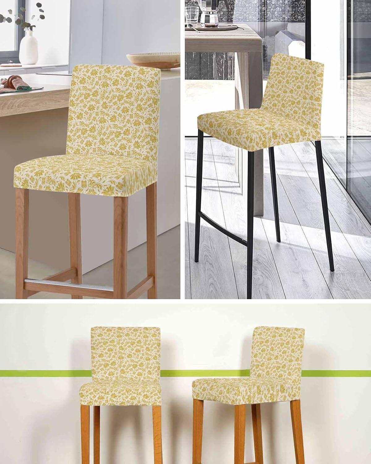 Bar Chair Stool Covers Set of 4, Yellow Botanical Stretch Washable Removable Bar High Chair Cover, Boho Farmhouse Vintage Floral Elastic Bar Chair Protector for Kitchen/Restaurant