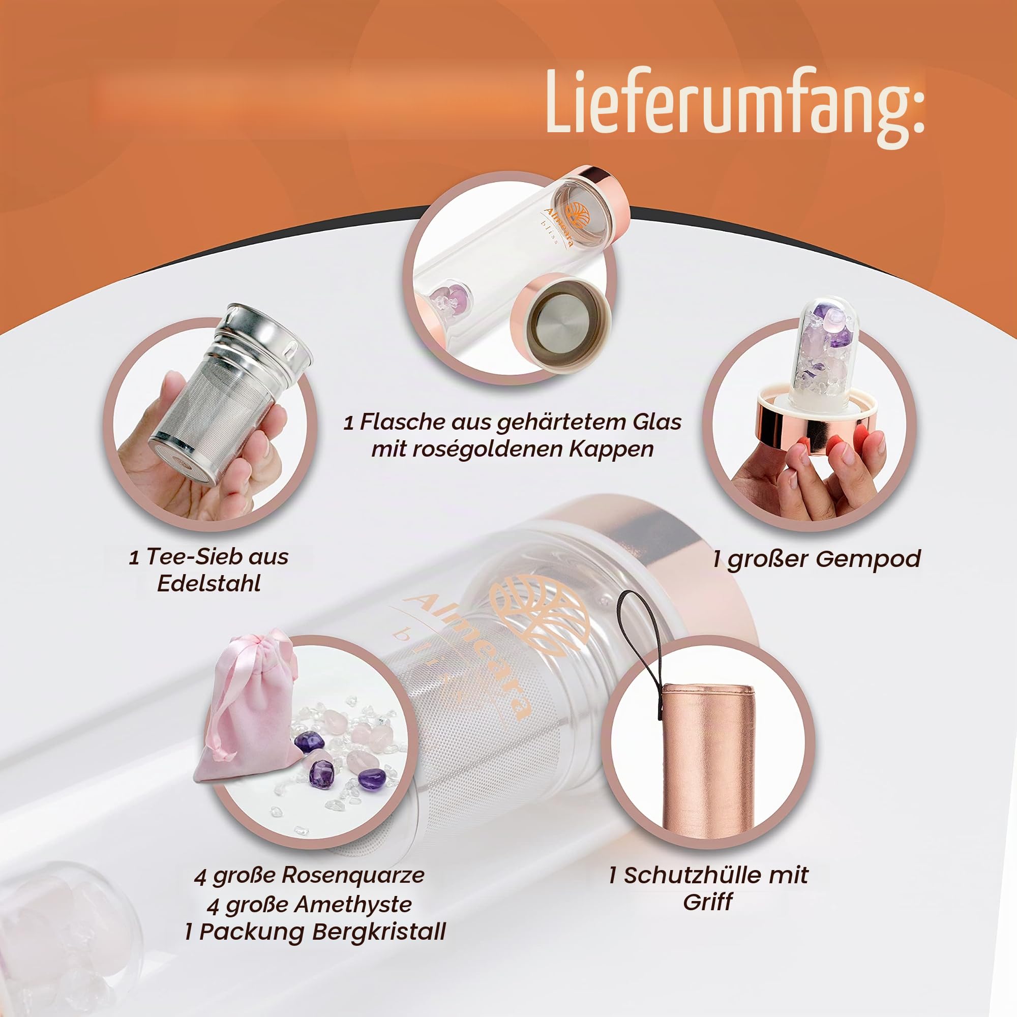 Almeara Kristall-Wasserflasche, Amethyst, Rosenquarz und klare Quarzkristalle, authentische Edelsteine, Tee-Ei für lose Blätter, mit Edelstein-Elixier infundiert, Wasserflasche aus gehärtetem Glas,