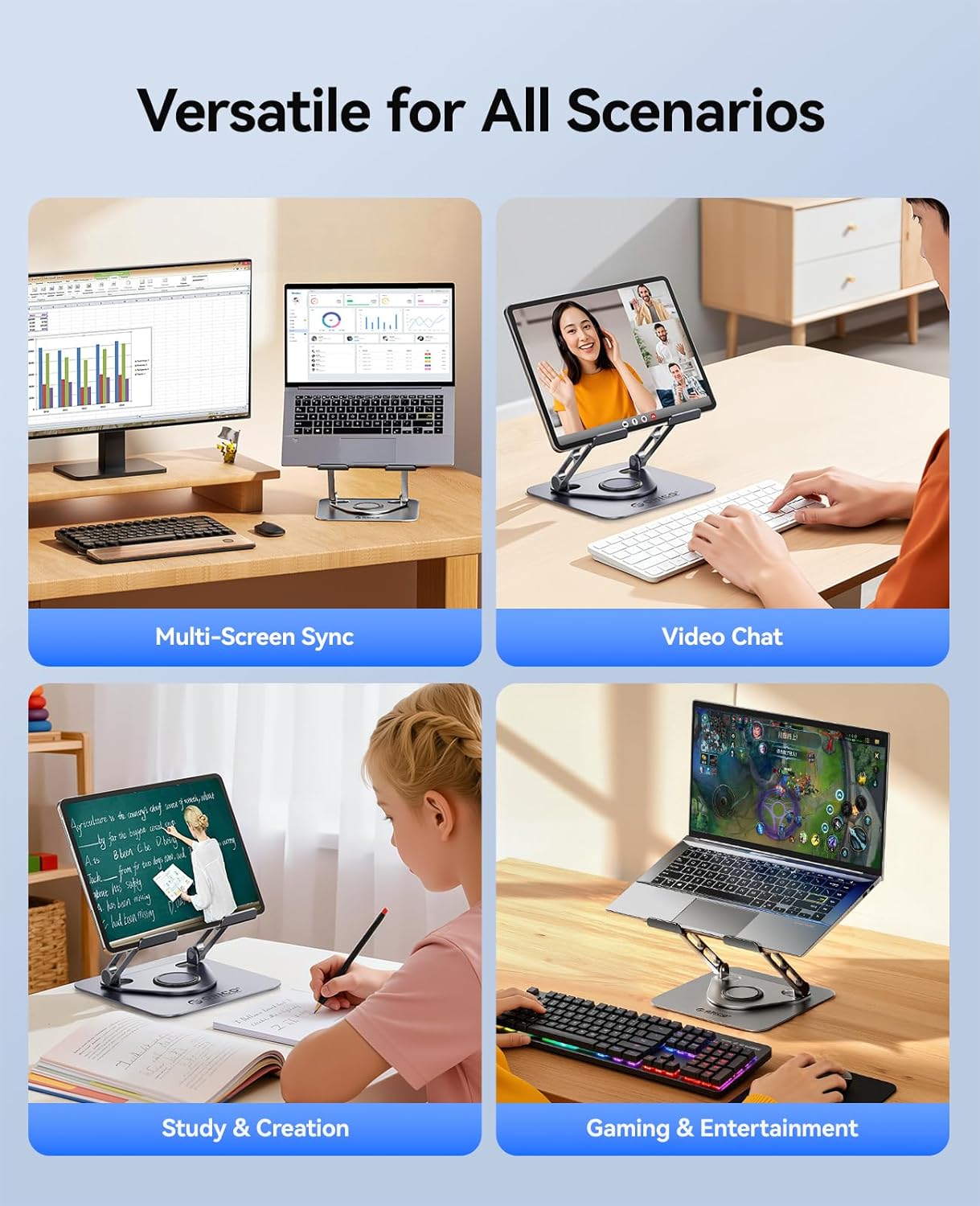 ORICO Adjustable Laptop Stand for Desk, 360° Rotating Base, Foldable Aluminum Alloy Computer Stand with Ventilated Design, Compatible with MacBook Neo/Air/Pro, Dell, XPS, HP up to 17'' - ST12, Gray