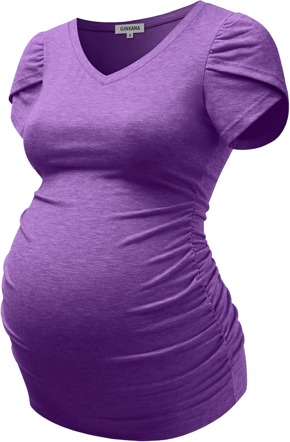 GINKANA Maternity Tops Short Petal Sleeve Tshirt V Neck Tee Ruched Sides Shirts Casual Basic Tunic Pregnancy Tshirt Blouse