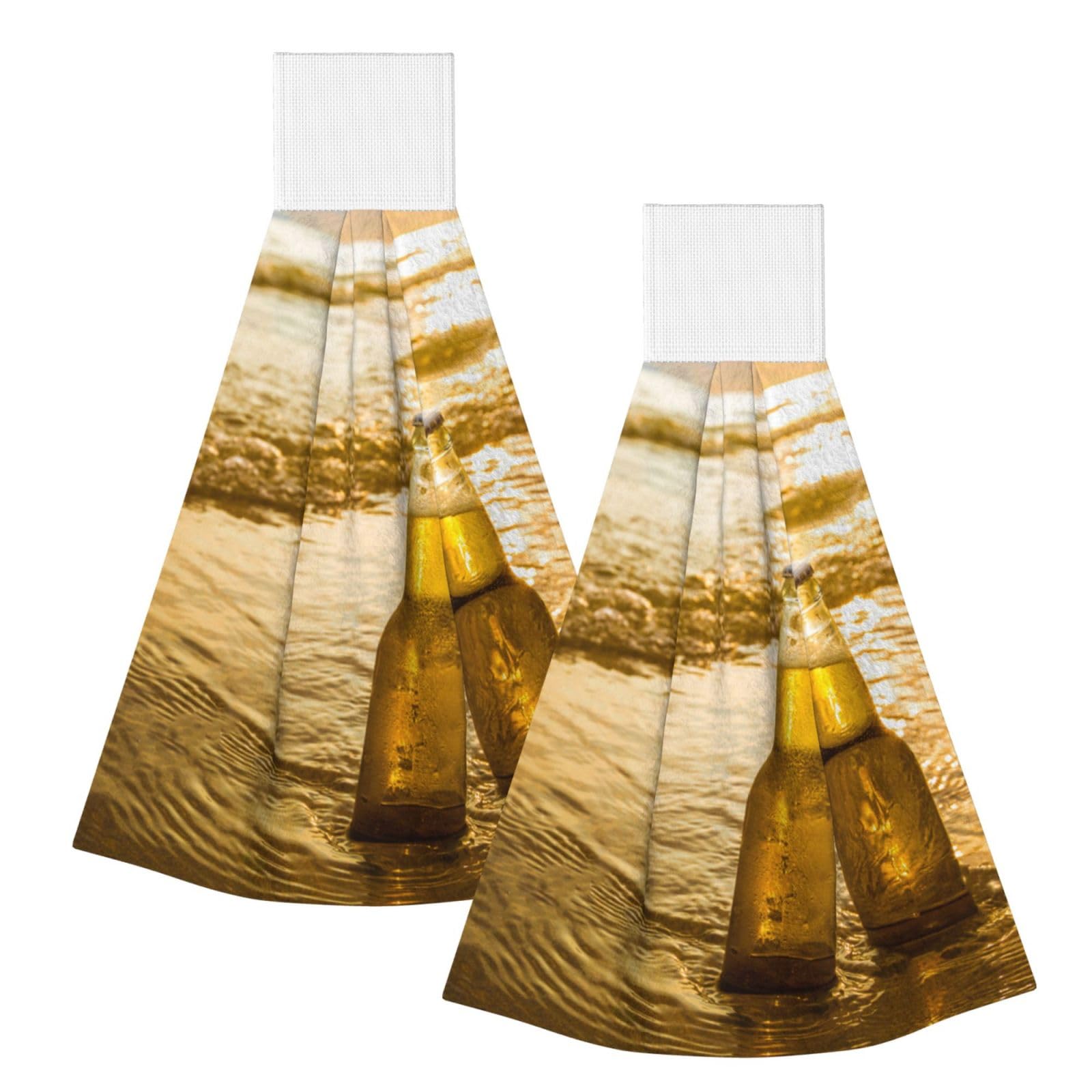 DOPKLNA Bottles Beer Beach Sunset Time Printed, 2 Pcs Hanging Coral Fiber Hand Towels for Bathroom, Absorbent Kitchen Towels