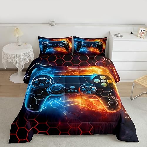 Miniatura 29 de Feelyou - Juego de edredón para niños gamers tamaño individual, juego de ropa de cama de estilo Galaxy Gaming con purpurina, juego de edredón para