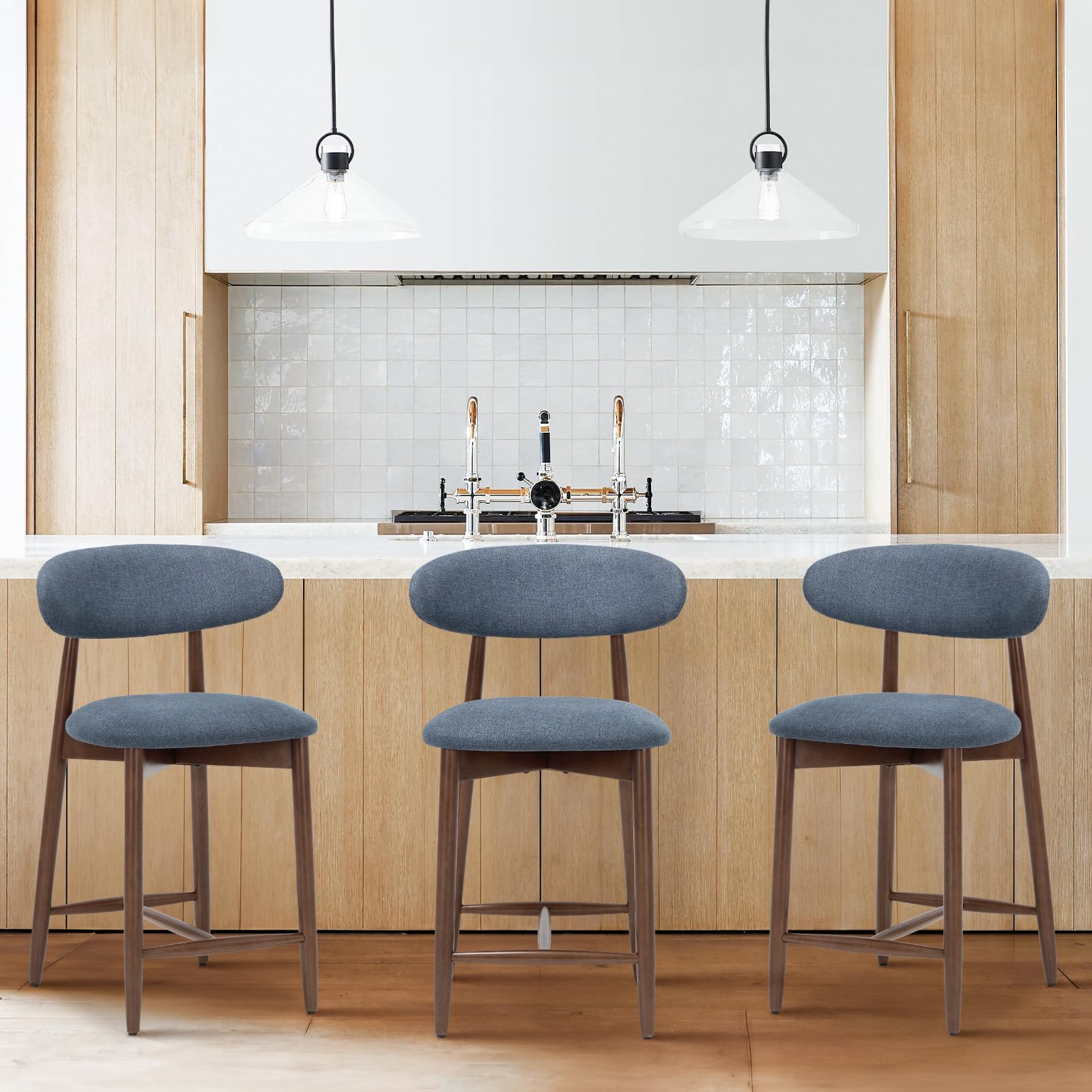 COLAMY Mid Century Modern Bar Stools , 25 Inch Upholstered Wooden Bar Stools with Back, Blue. (1 piece) 