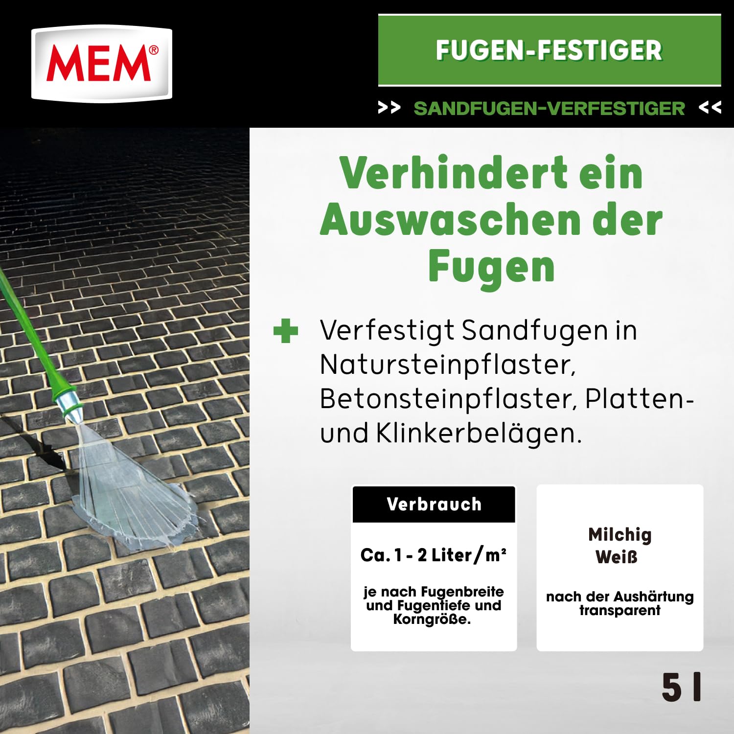 MEM Fugen-Festiger, Fugenabdichtung für Sandfugen, Pflaster & Terrasse, Für Risse & Fugenrisse, Unkrauthemmend, Wasserdurchlässig, Frostbeständig, Lösemittelfrei, Weiß (trocknet klar), 5 l Eimer