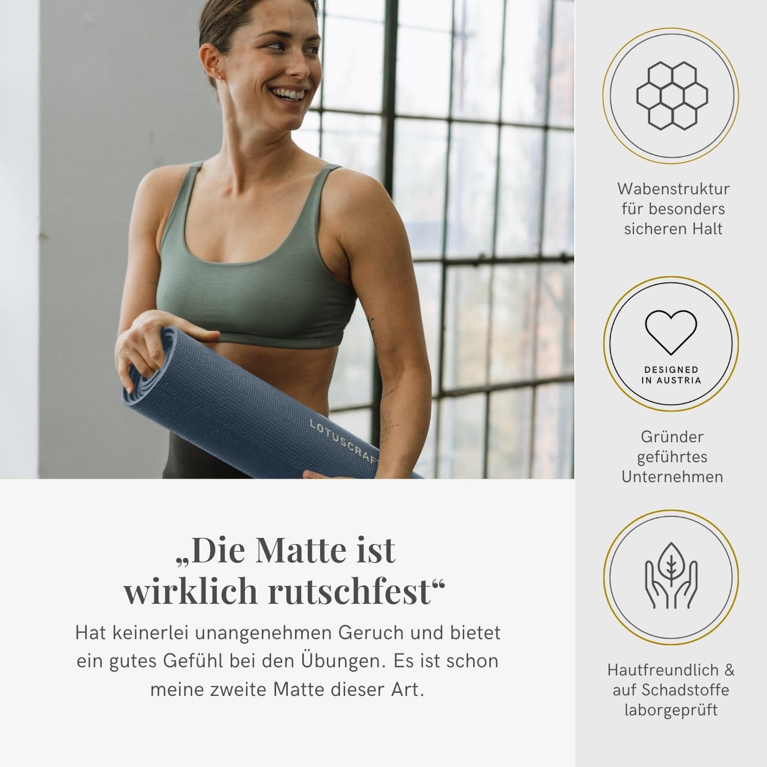 LOTUSCRAFTS Tapis de yoga antidérapant, modèle Mudra Studio, standard ou XL, certifié OEKO TEX®, parfait yoga mat polyvalent pour le yoga ou le pilates