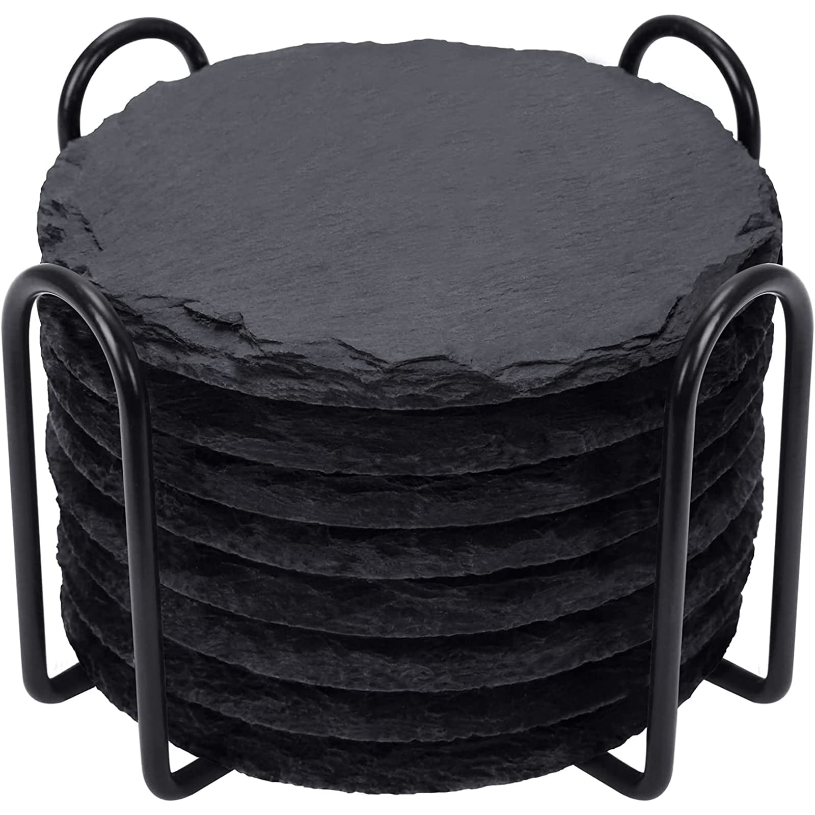 Round Slate Drink Coasters Set with Metal Holder (8 Pieces, 10cm)