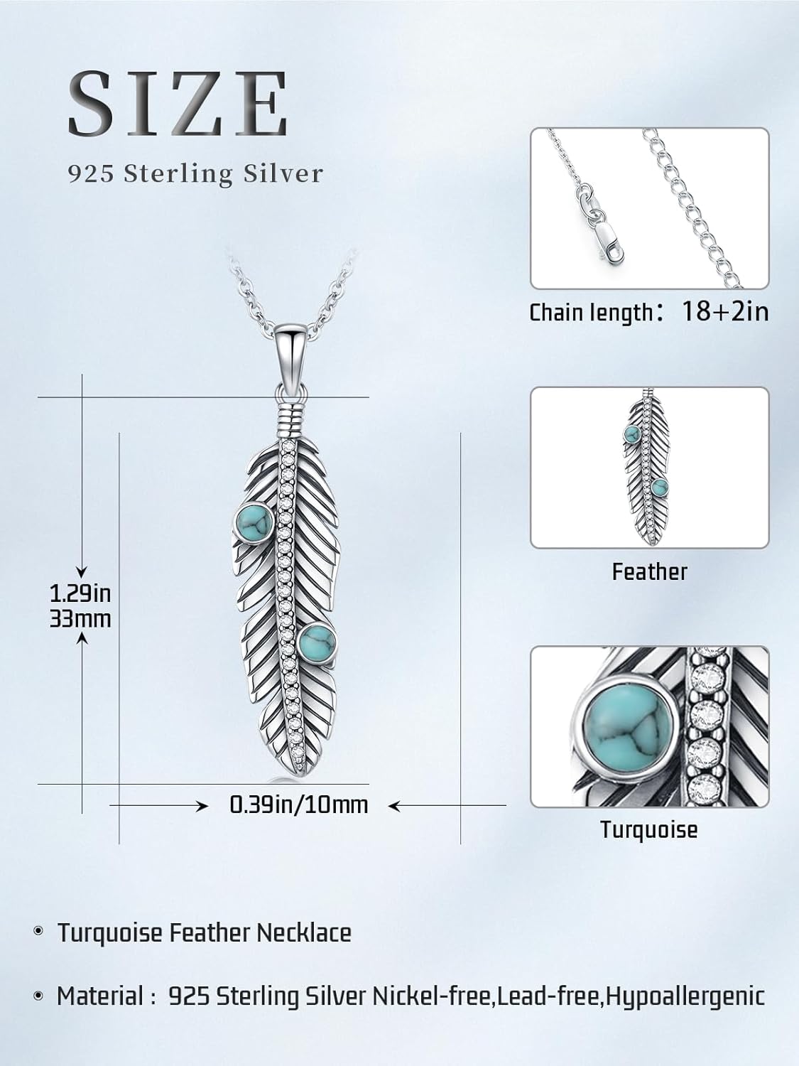 Feather Necklace 925 Sterling Silver Turquoise Pendant Vintage Western Pendant Native American Gifts - Image 2
