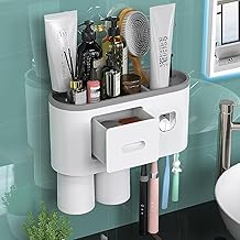 Toothbrush Holder Wall Mounted, Automatic Toothpaste Dispenser Squeezer Kit -Magnetic Toothbrush Holder for Bathroom, 4 Brush Slots 2 Cups 1 Cosmetic Drawer1 Large Storage Tray (2 Cup, Grey)