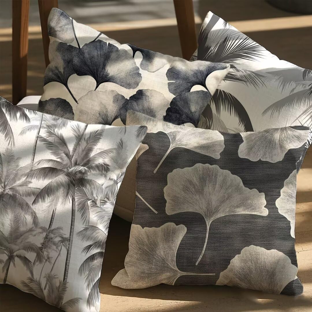Fundas Cojines 55x55 cm Exterior Cojines Gris Fundas de Almohada Juego de 4, Cuadrados Funda Cojin Hoja Almohadas con Cremallera, Sofa Cama Decorativos para Hogar, Jardín, Salón y Dormitorio Ym267