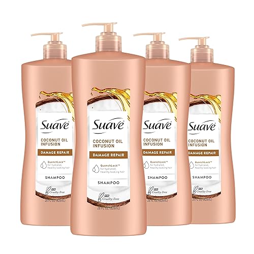Suave Champú reparador de daños con aceite de coco, para cabello normal, seco y dañado, con infusión de aceite de coco puro, 28 onzas, paquete de 4