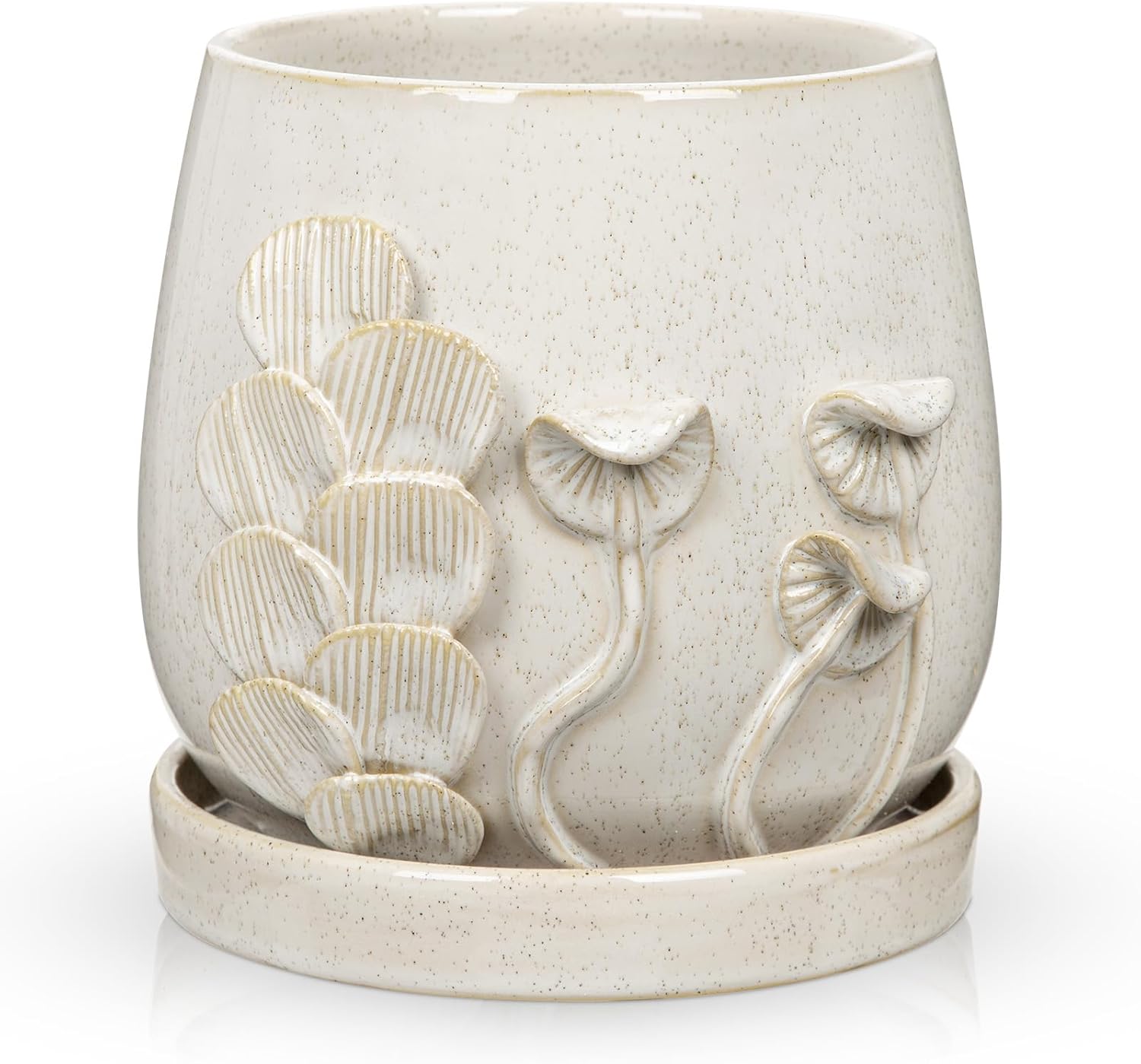 6 Inch Ceramic Plant Pot with Mushroom Gill Pattern Texture, Modern Glaze Planter with Saucer & Drainage Hole, Decorative Flower Pot for Indoor Outdoor Succulents, Herbs & Small Plants, Ivory White