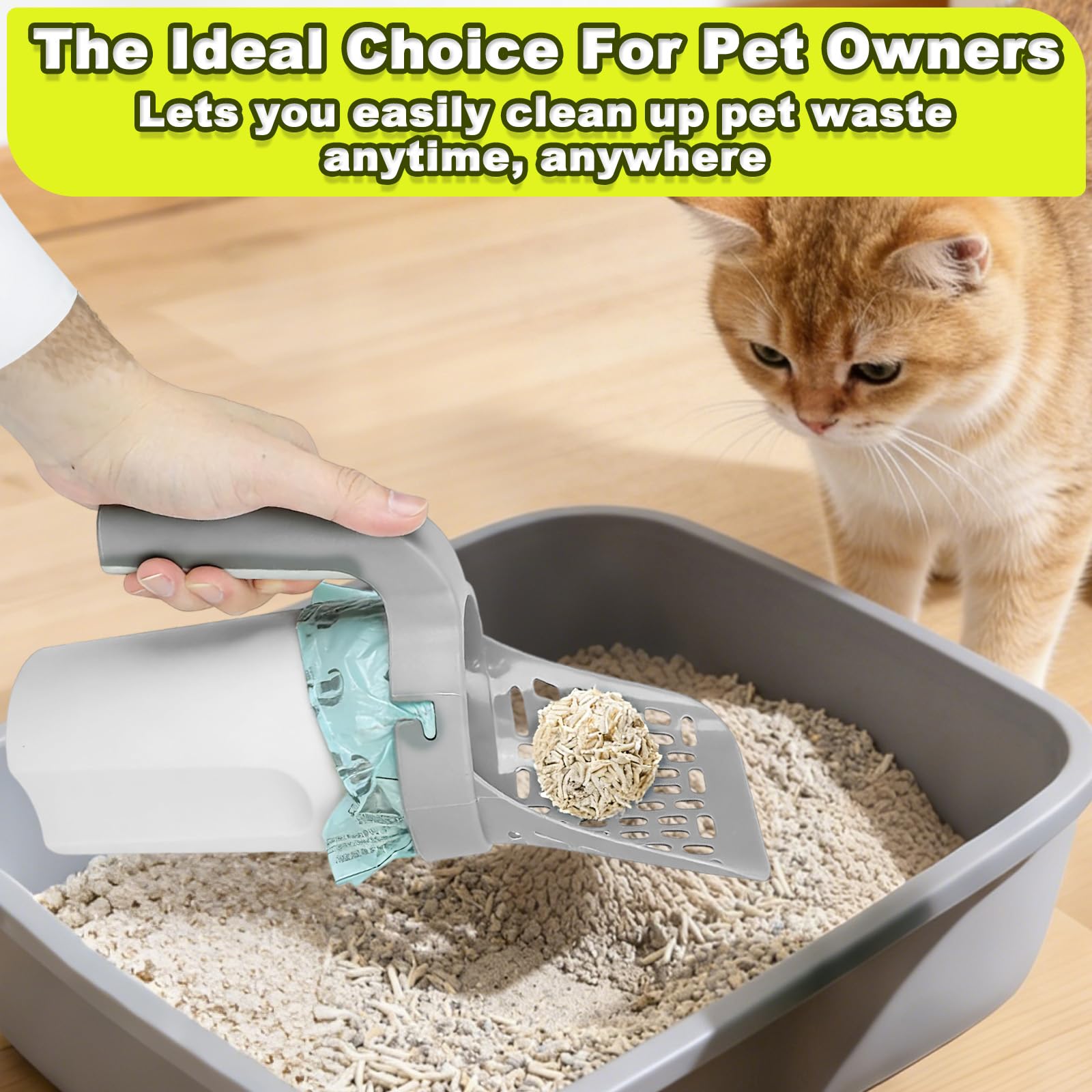 Pelle Litière Chat avec Support & Sacs Poubelles, Pelle Crottes Portable pour Animaux, Ramasse Déchets Gande Capacité, Accessoire pour Chat, Pelle Litiere Intégrée Multifonctionnelle