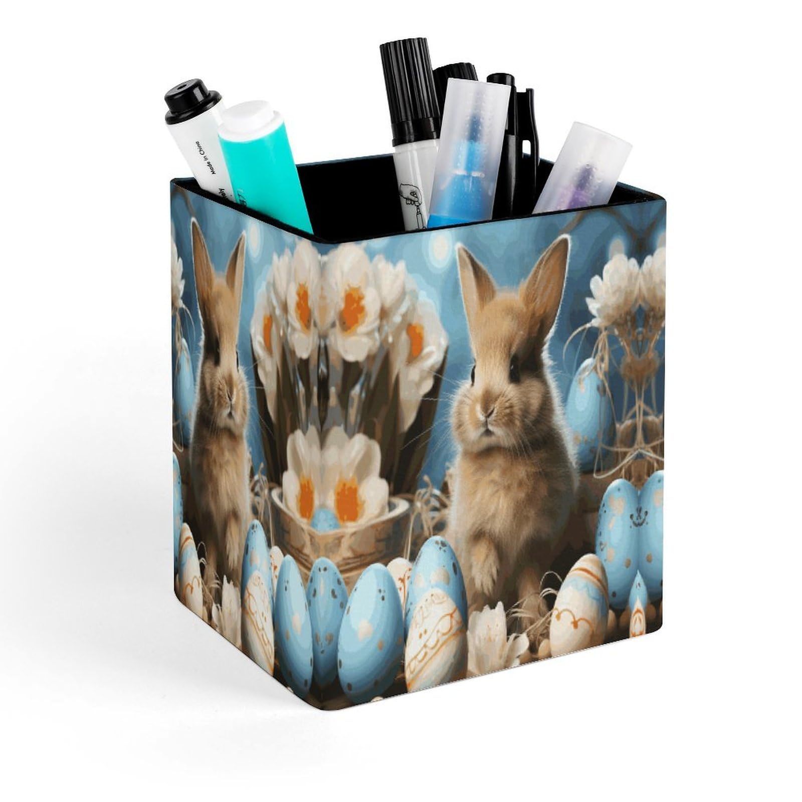 FekiLoot Cute Easter Eggs Rabbit Pencil Holder for Desk Square Leather Pen Holder Cup Desktop Organizer Multi-Functional Pencil Cup Holders Modern Decorative Desk Organizer Caddy Makeup Brush Holders