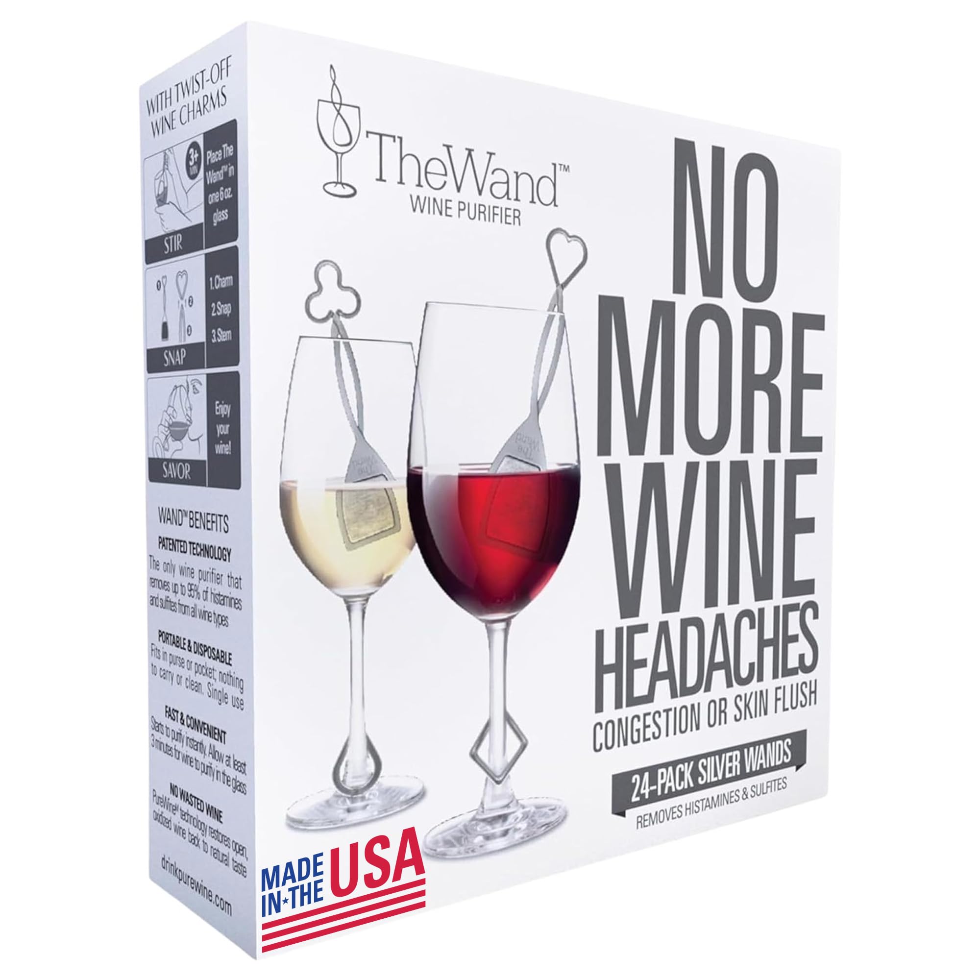 The Wand Wine Purifier (24-Pack) | No More Wine Headaches | Removes Histamines and Sulfites | With Twist-Off Wine Charms