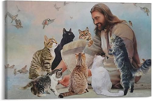 Póster de Dios rodeado de gatos, pintura decorativa de Jesús con gatos, lienzo decorativo para sala de estar, decoración del hogar, dormitorio,