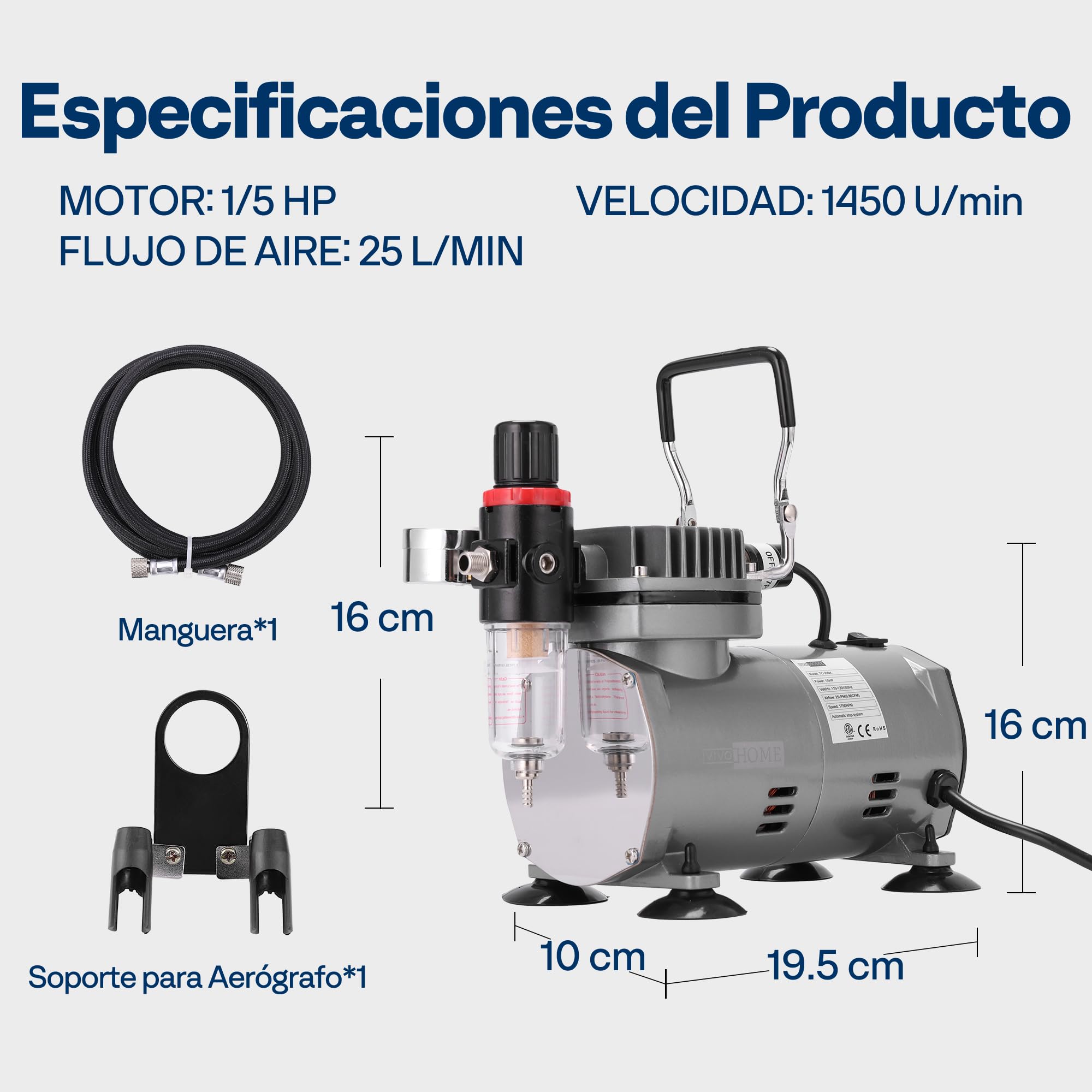 VIVOHOME 1/5HP Compresor de Aerógrafo con Pistola de Doble Acción Kit de Pintura Profesional con Regulador de Presión 4 Bar para Gráficos Parada Automática