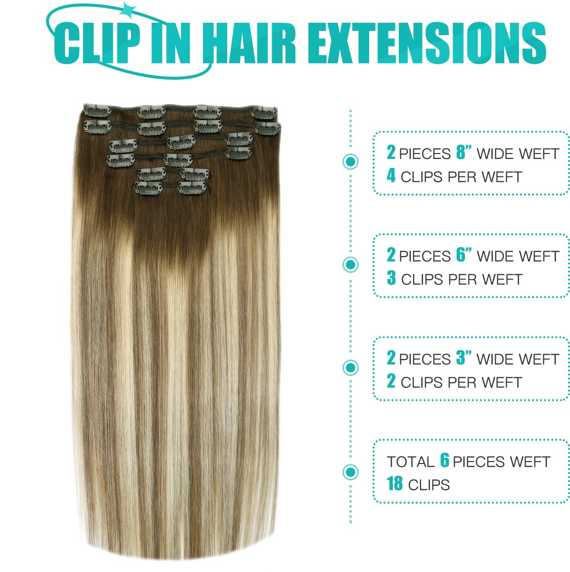 SURNEL Clip in Hair Extensions Human Hair Balayage Color 3 Fading to 8 and Highlight 22 Blonde Extensions Clip in Hair for Women 6pcs 100 Gram 16 inch Double Weft (C#3/8/22 - Image 3