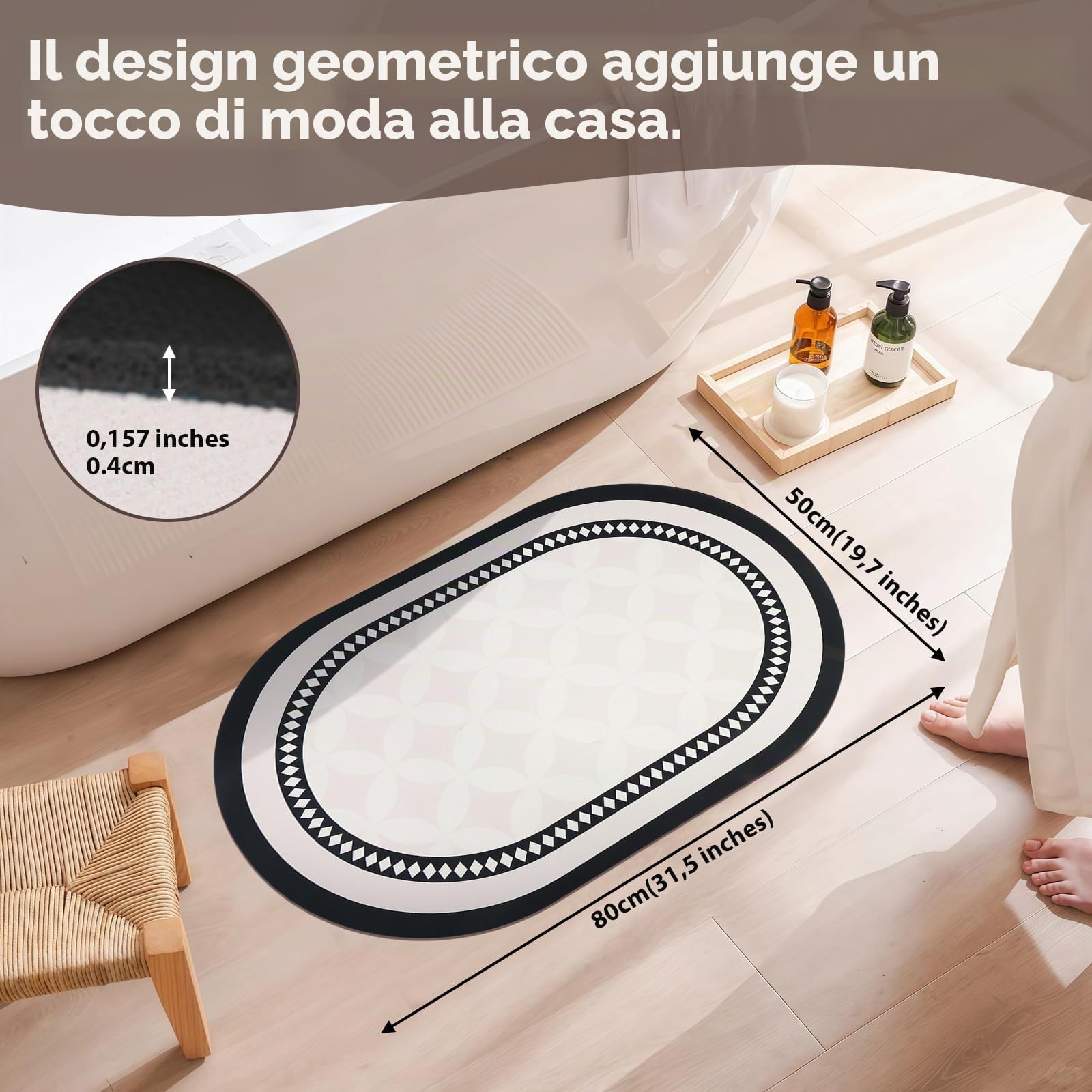 Tappetino da bagno antiscivolo e assorbente per diatomee, ovale, con motivo geometrico in bianco e nero