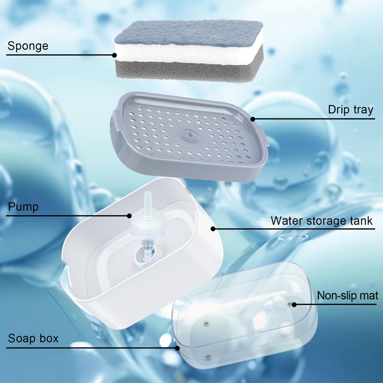Alyvisun Dispensador Jabon Cocina con Soporte de Esponja, Dispensador de Jabón de Cocina 2 en 1, 300ml Jabonera Cocina Dosificador Dispensador de Jabón Dispensador Manual para Cocina Fregadero