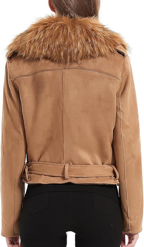 Giubbotto Donna In Finta Pelle Scamosciata Con Collo In Pelliccia - Cappotto Invernale Elegante - Foto 13