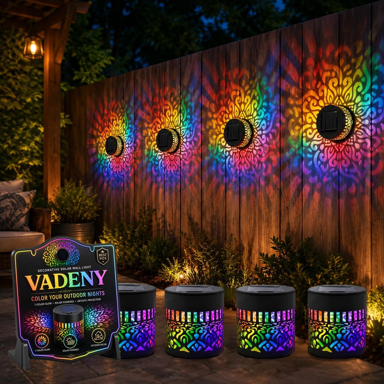 Solar Mandala Lights Outdoor wall 4 Pack Seven Color Projector