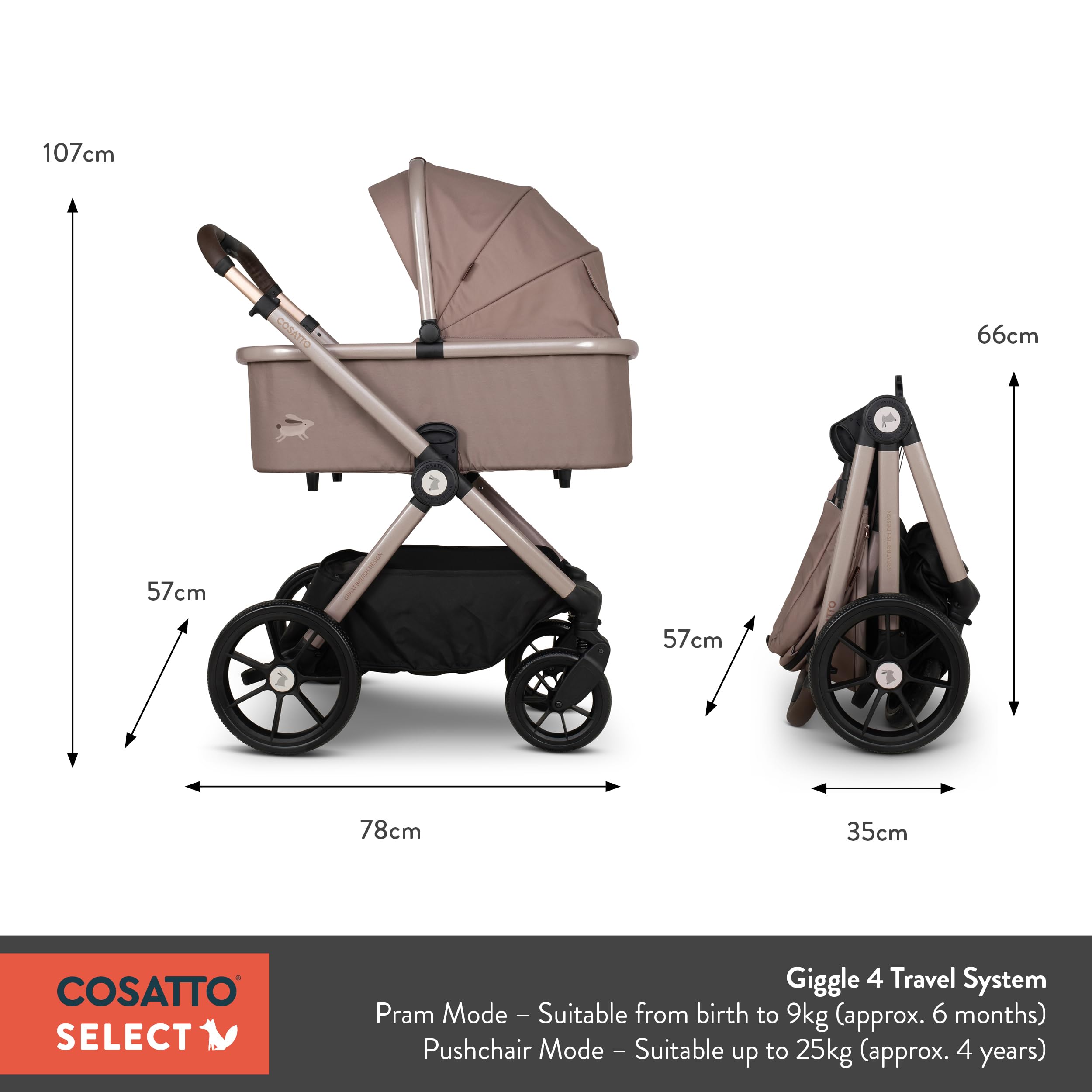 COSATTO Giggle 4 Travel System - Sistema da viaggio 3 in 1, 0-25 kg, ca. 4 anni, pieghevole, carrozzina, carrozzina, navicella, seggiolino auto, seggiolino i-Size gruppo 0+, seggiolino auto e