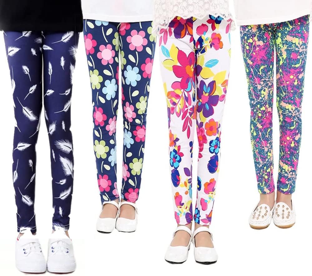 Afocuz 4 Pcs Set Little Girls Printed Leggings Adorable Full Length Ankle Trousers,Milk Fiber for Baby Girl Pack of 4