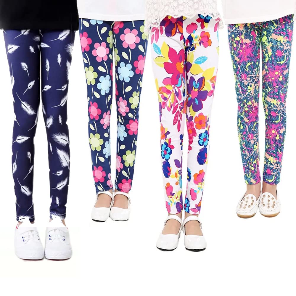 Afocuz 4 Pcs Set Little Girls Printed Leggings Adorable Full Length Ankle Trousers,Milk Fiber for Baby Girl Pack of 4