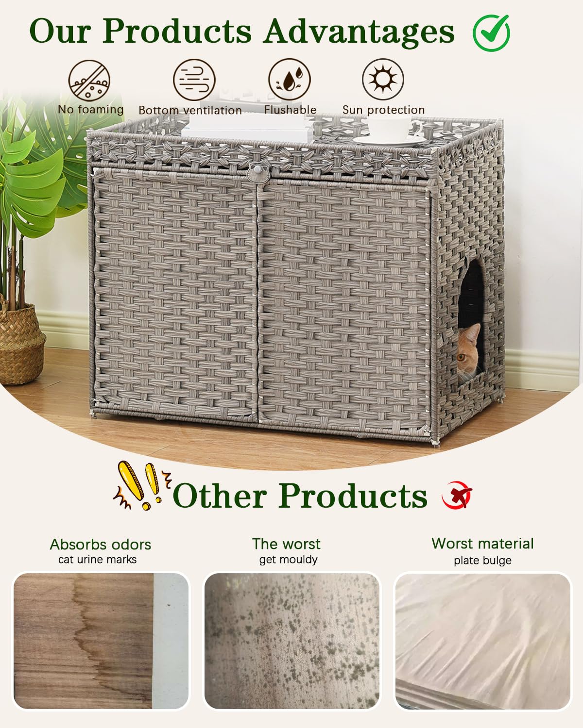 SETVSON Cat Litter Box Enclosure Furniture, Handwoven Rattan Hidden Litter Box with Mat, Large Space Cat House with 2 S-Shaped Hooks 30.3 x 18.3 x 24.4 Inches, Indoor for Living Room Apartment Gray - image 3