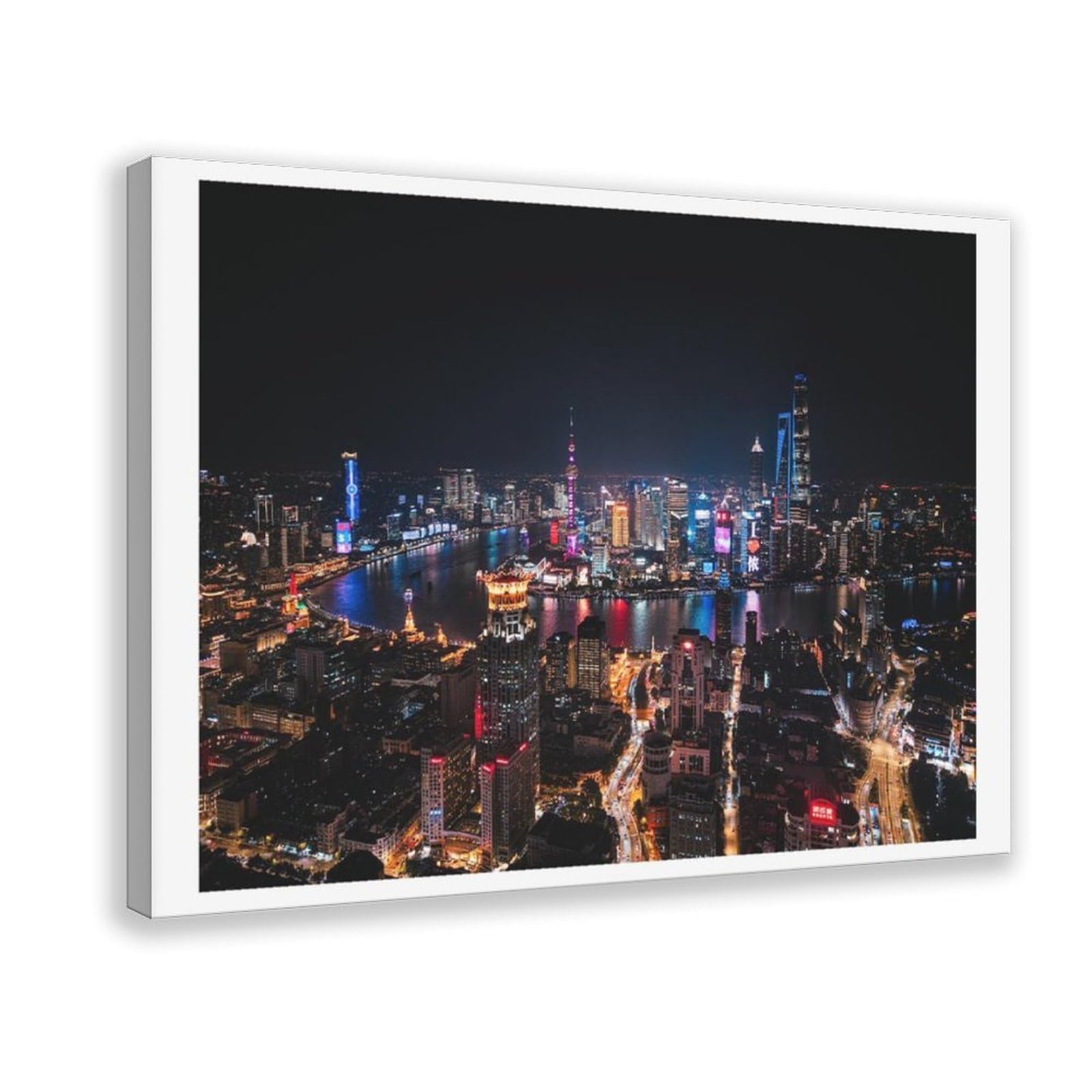 HEYANM Shanghai Night Print Bund Cityscape Aerial Canvas Poster Bedroom Office Room Decor Gift Frame 24x36inch
