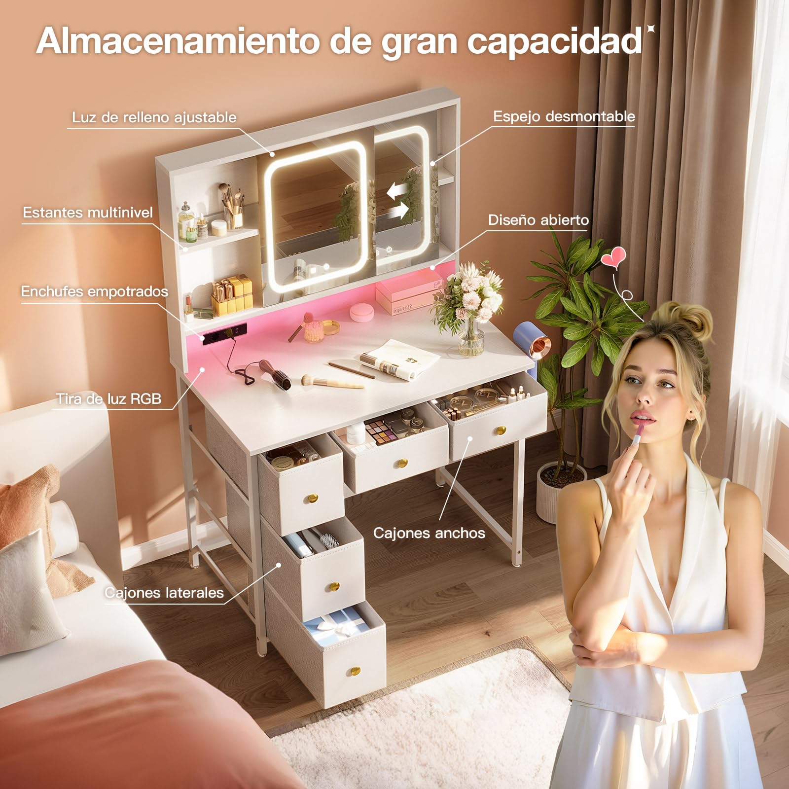 ODK Tocador con Espejo LED Ajustable, Enchufes USB Integrados y Tira de Luz RGB – Mesa de Tocador con 5 Cajones de Tela y Estantes de 3 Niveles – Tocador Blanco 90×40×139 cm