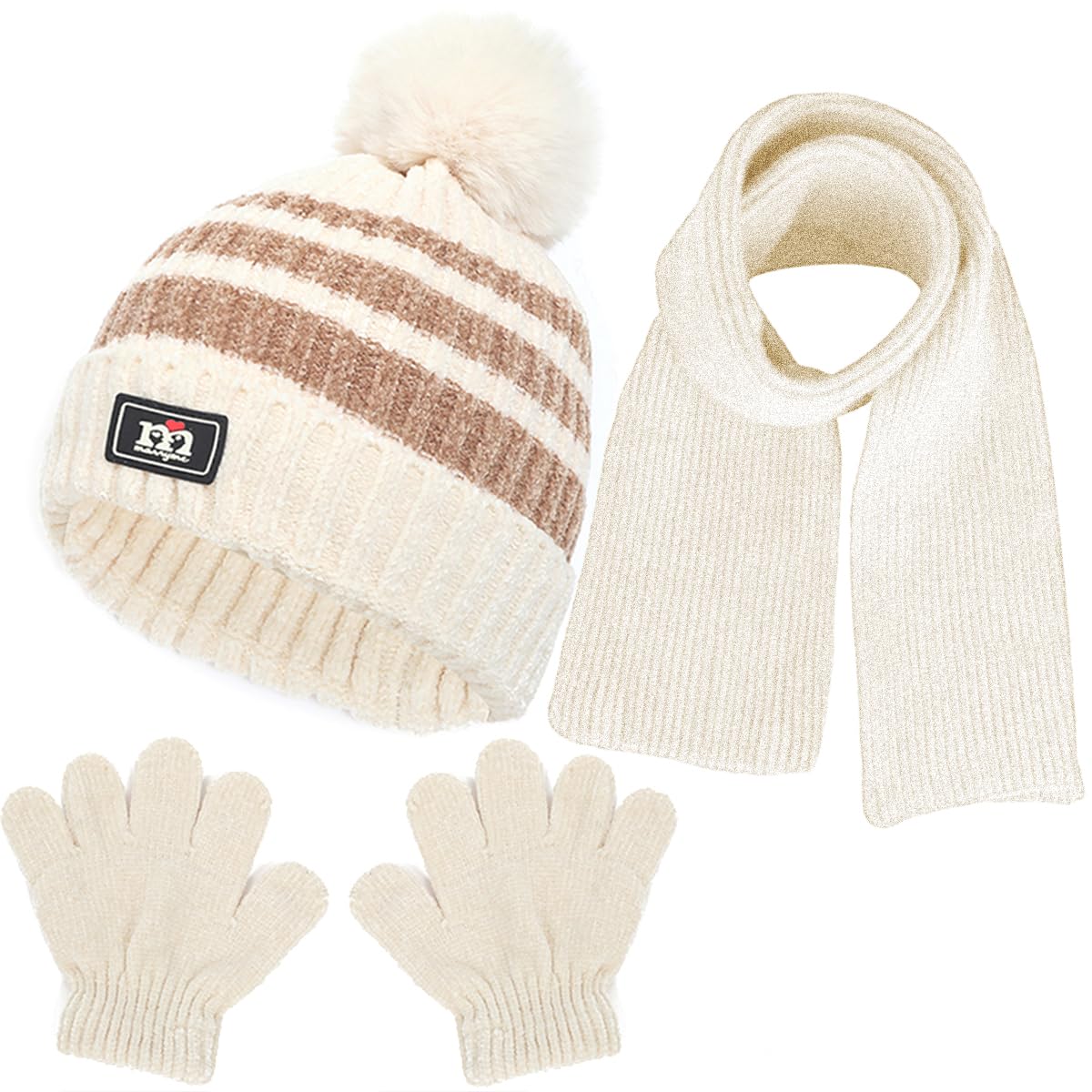 NLAND Gorro Guantes y Bufanda Niño Niña Bebé Otoño Invierno Gorro de Pompón Piel Punto con Forro de Lana Caliente para 1-5 Años Gorro Guantes y Bufanda Traje de 3 piezas
