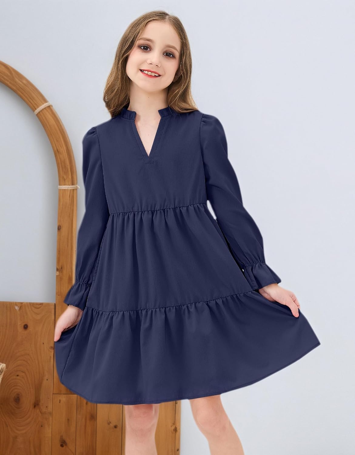 JiAmy Girls Dresses Long Sleeve V Neck Fall Ruffle Tiered Flowy Swing Casual Fashion Dress with Pockets - Image 2