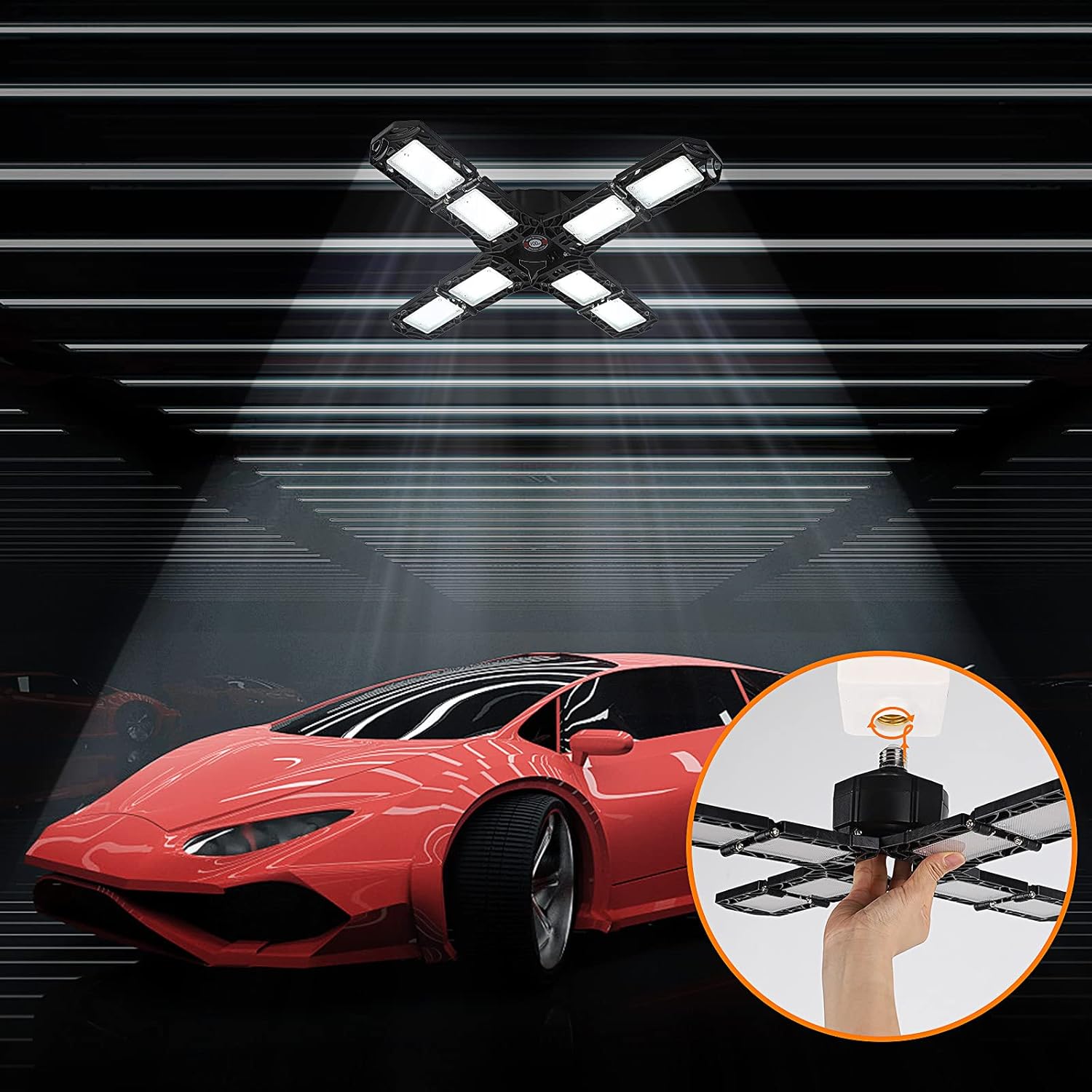 2 Pack Garage Light ,150W Deformable LED Garage Light ,8 Adjustable Panels Commercial Bay Lighting,E26/E27 Base Shop Lights ,Garage Light Bulb, LED Lights for Garage Organization, Basement,Warehouse - - 