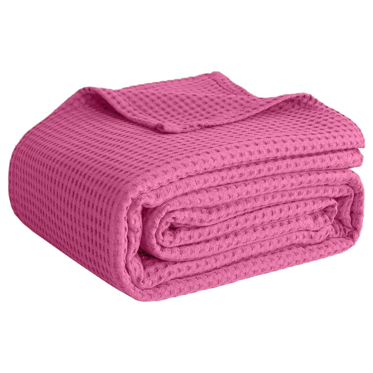 100% Cotton Blankets for Bed - Waffle Weave Blankets for Summer, Lightweight and Breathable Soft Woven Blanket for Spring (Pink, Queen (90" x 90"))