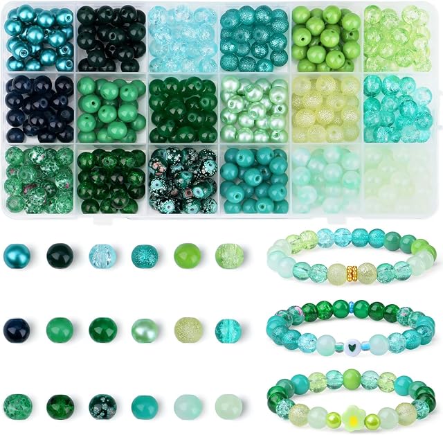DUQGUHO Perles en verre vert 360 Pcs 8mm Gros trou perles colorées pour bracelet faisant bracelet collier perles en verre Boucle d'oreille cheville DIY Bijoux d'artisanat