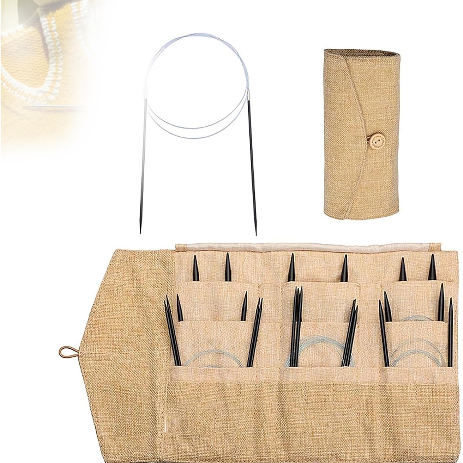Juego de agujas de tejer circulares de palisandro, juego de 11 agujas de madera para tejer, incluye 11 agujas circulares, con bolsa de almacenamiento, suaves y flexibles, para tejer todo tipo de hilo